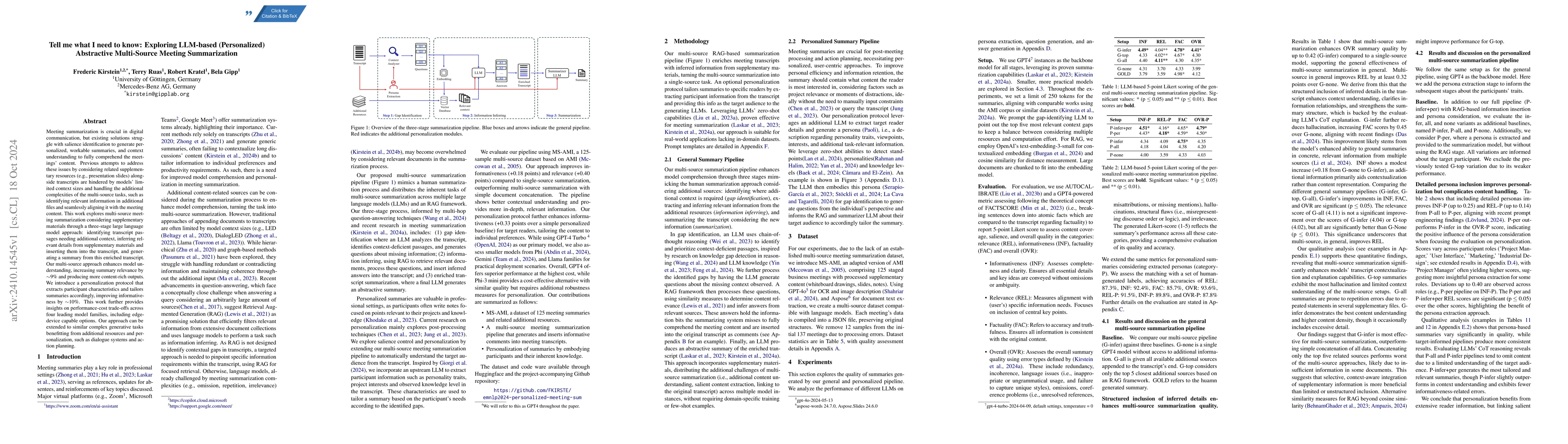 Thumbnail for Tell me what I need to know: Exploring LLM-based (Personalized)
  Abstractive Multi-Source Meeting Summarization