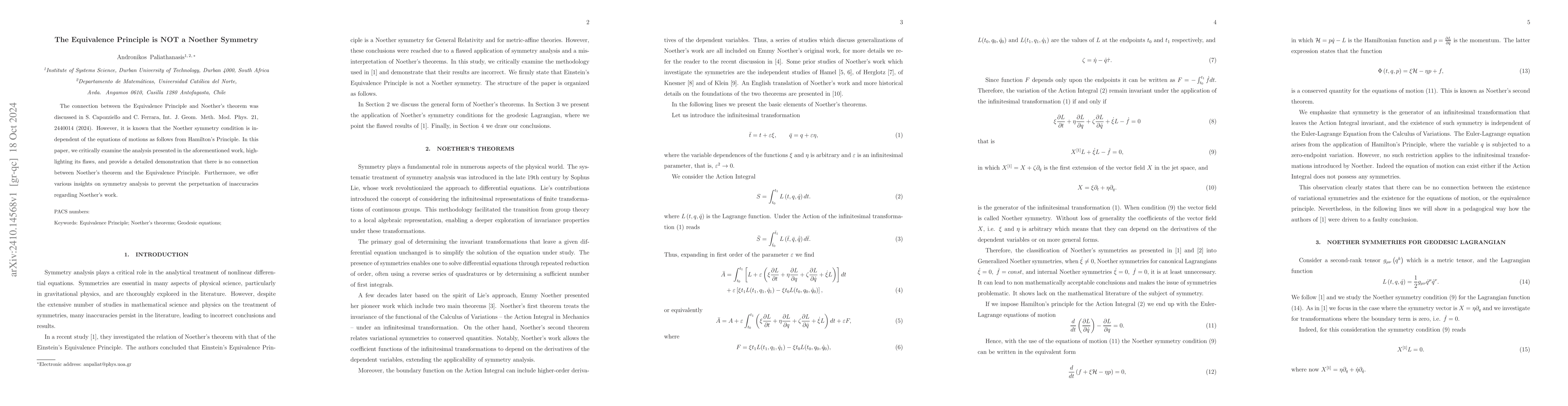 Thumbnail for The Equivalence Principle is NOT a Noether Symmetry
