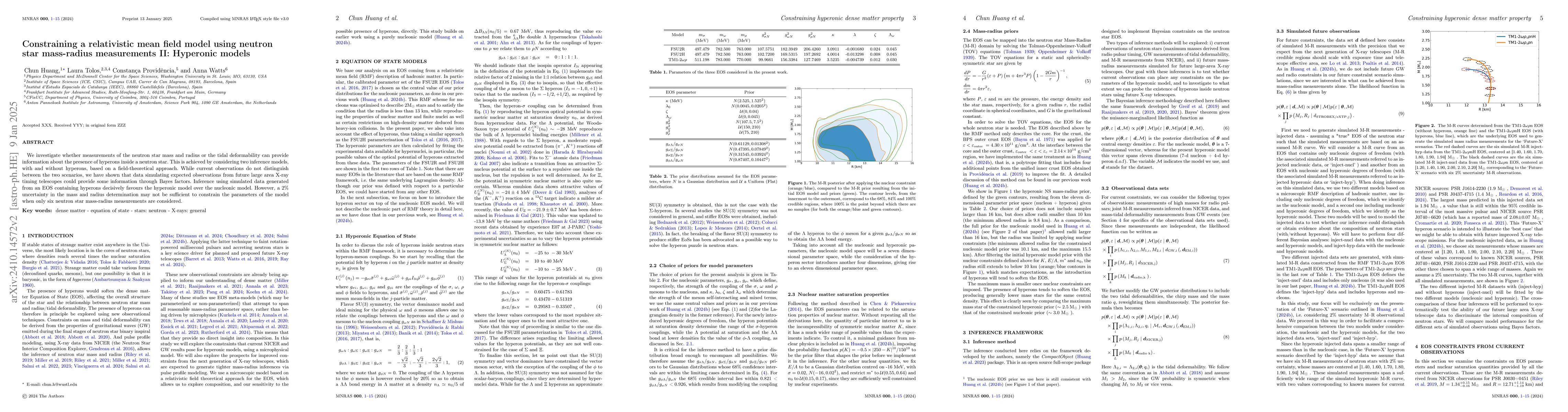 Thumbnail for Constraining a relativistic mean field model using neutron star
  mass-radius measurements II: Hyperonic models