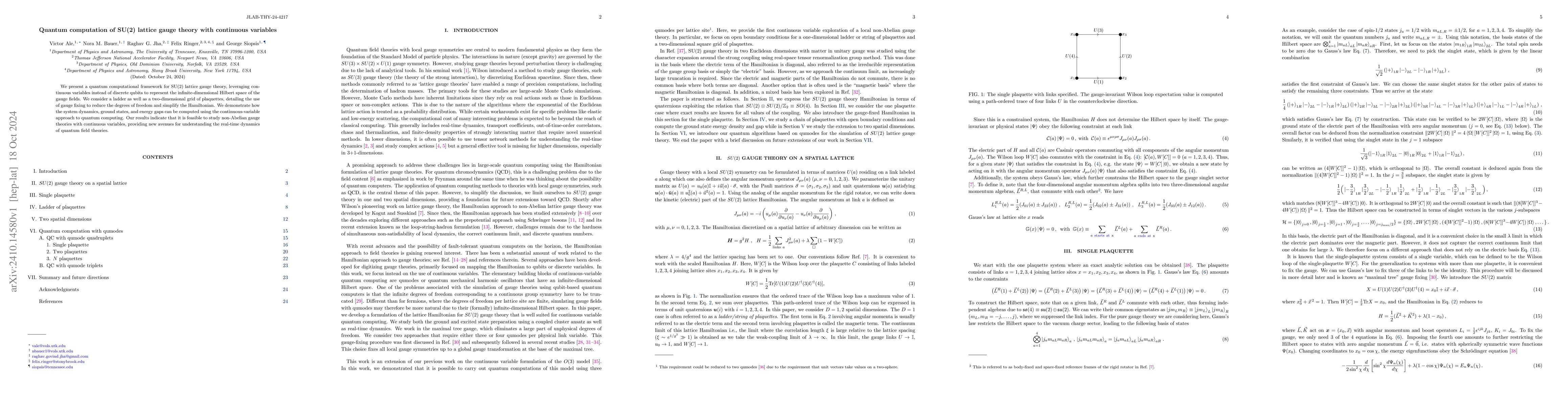 Thumbnail for Quantum computation of SU(2) lattice gauge theory with continuous
  variables