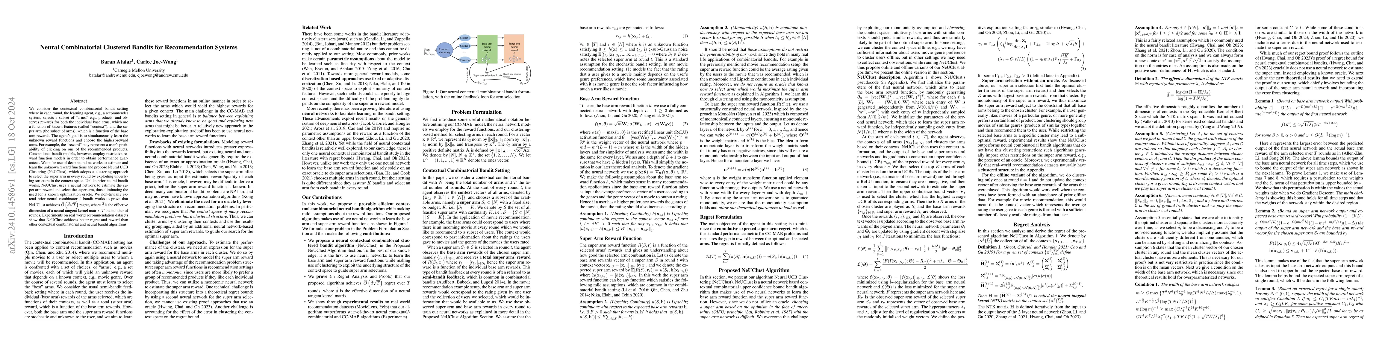 Thumbnail for Neural Combinatorial Clustered Bandits for Recommendation Systems