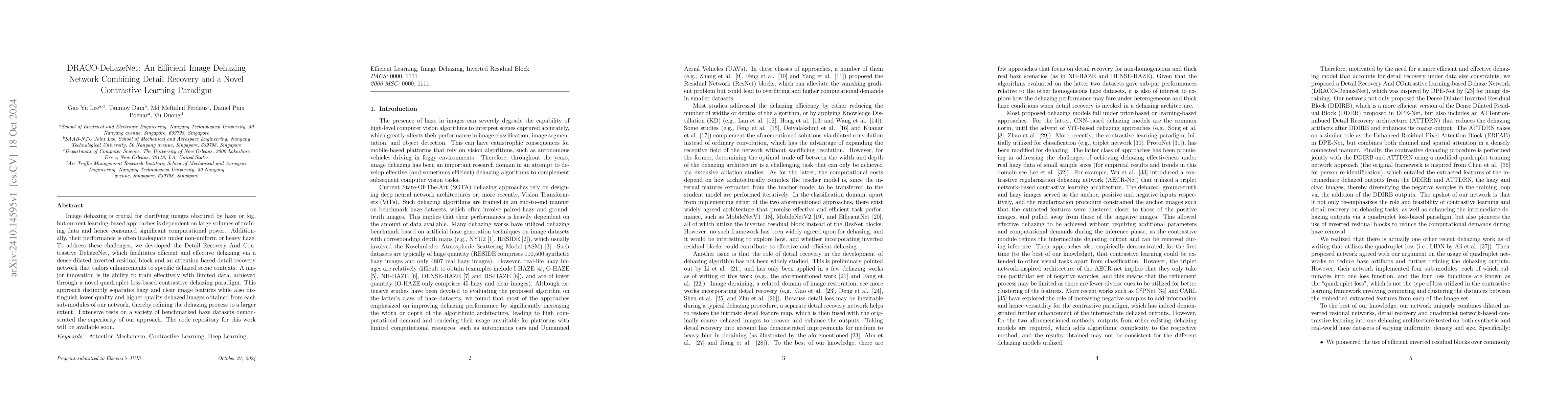 Thumbnail for DRACO-DehazeNet: An Efficient Image Dehazing Network Combining Detail
  Recovery and a Novel Contrastive Learning Paradigm
