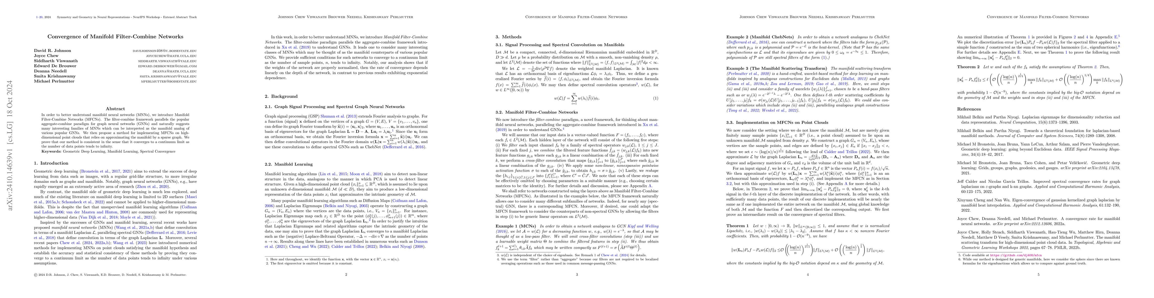 Thumbnail for Convergence of Manifold Filter-Combine Networks