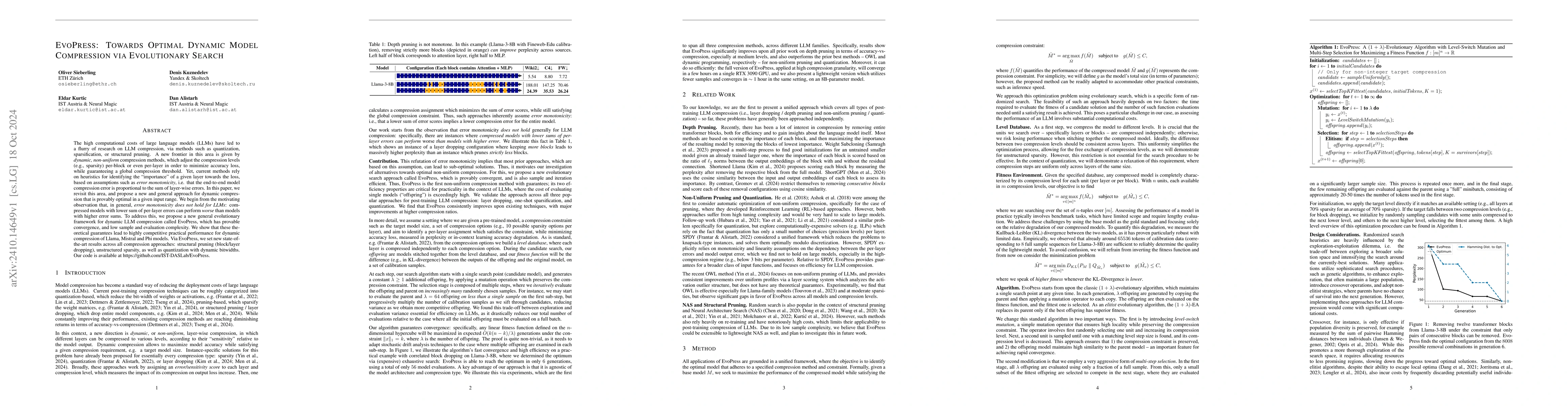 Thumbnail for EvoPress: Towards Optimal Dynamic Model Compression via Evolutionary
  Search