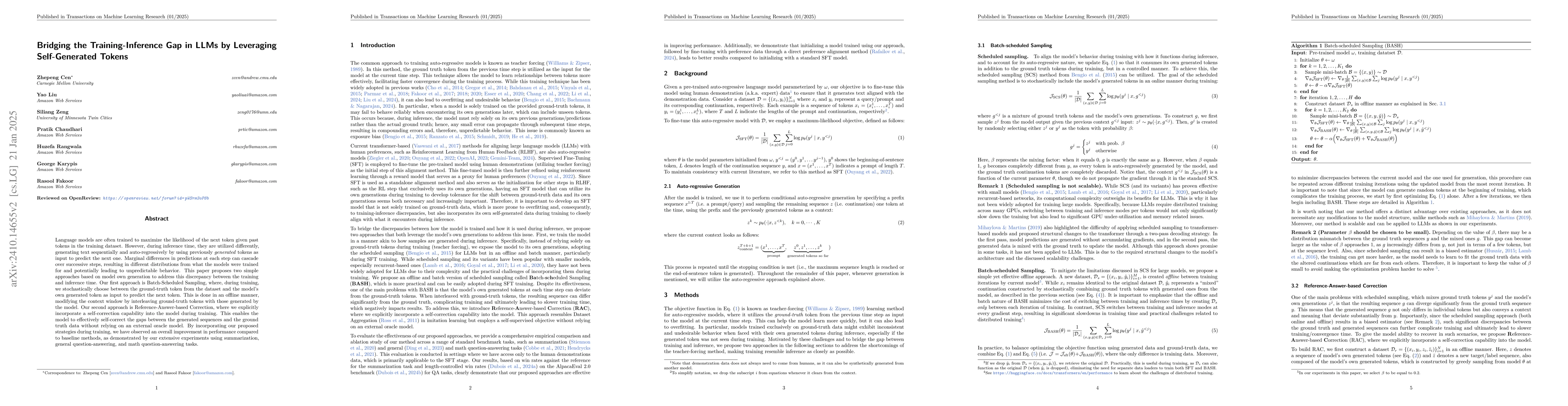 Thumbnail for Bridging the Training-Inference Gap in LLMs by Leveraging Self-Generated
  Tokens