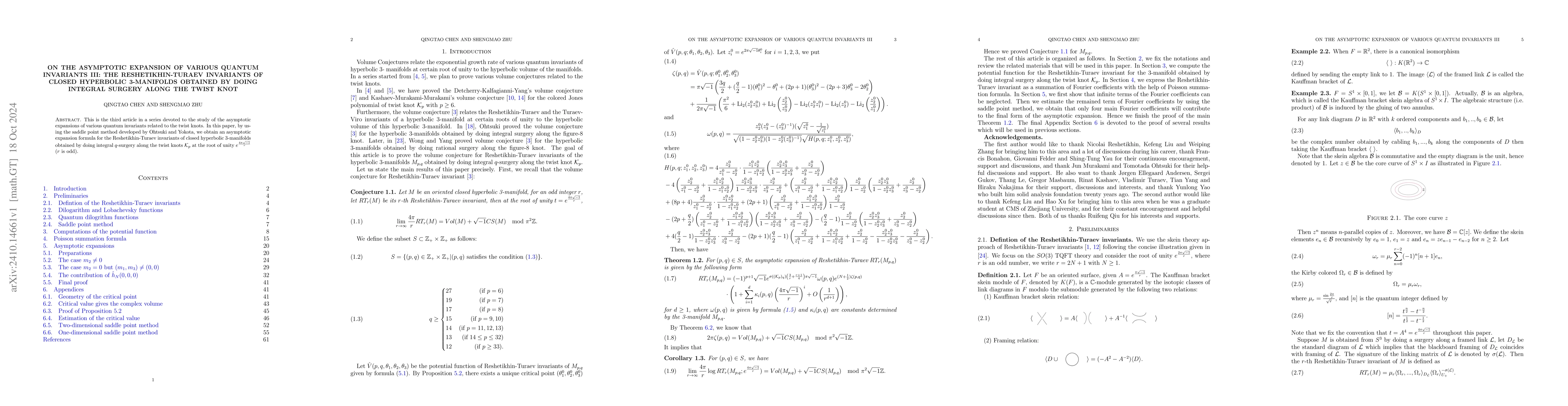 Thumbnail for On the asymptotic expansion of various quantum invariants III: the
  Reshetikhin-Turaev invariants of closed hyperbolic 3-manifolds obtained by
  doing integral surgery along the twist knot