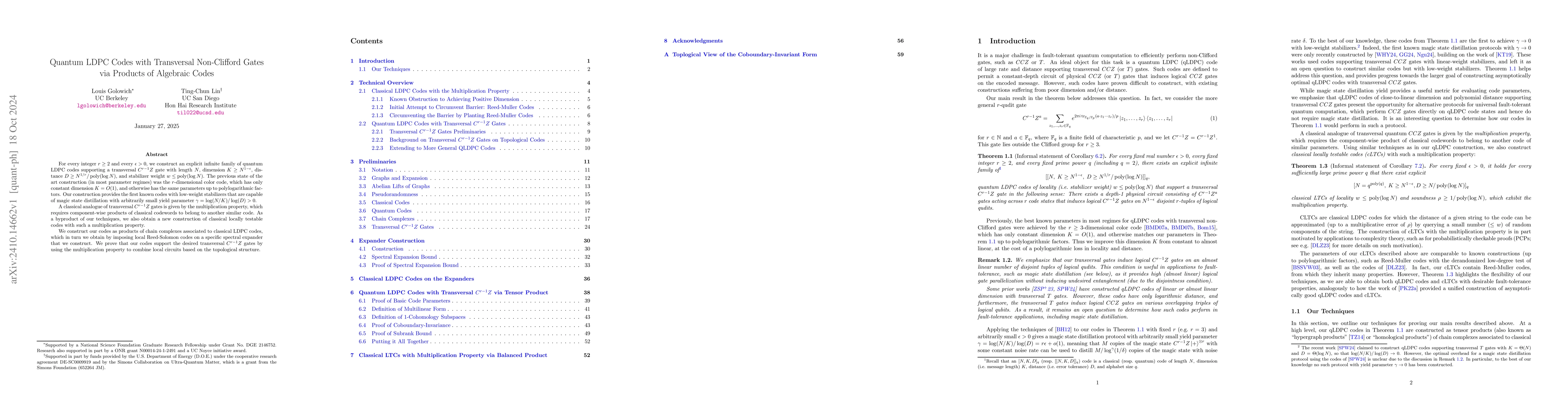 Thumbnail for Quantum LDPC Codes with Transversal Non-Clifford Gates via Products of
  Algebraic Codes