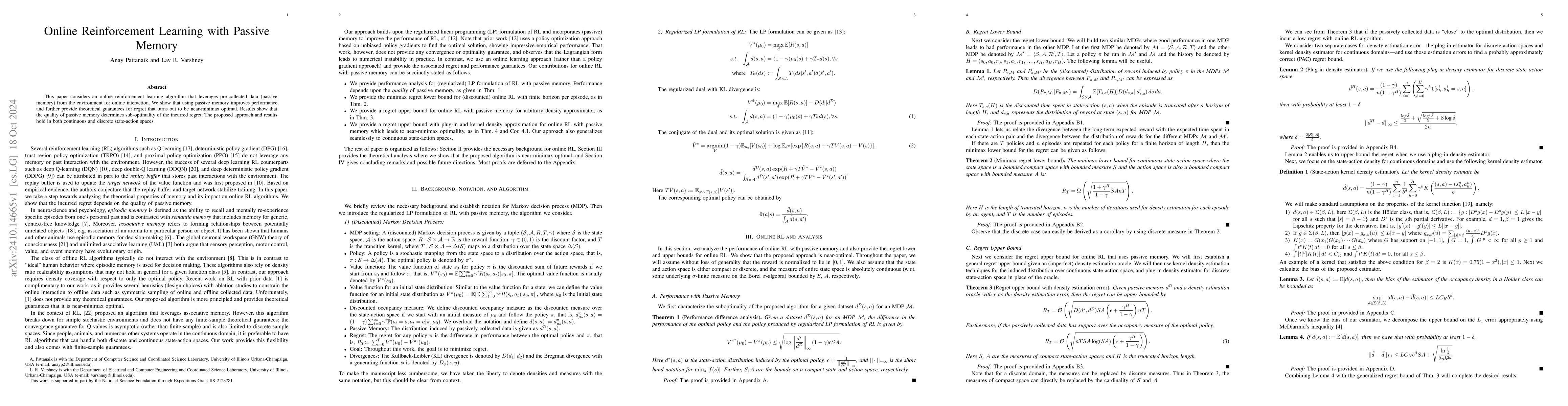 Thumbnail for Online Reinforcement Learning with Passive Memory