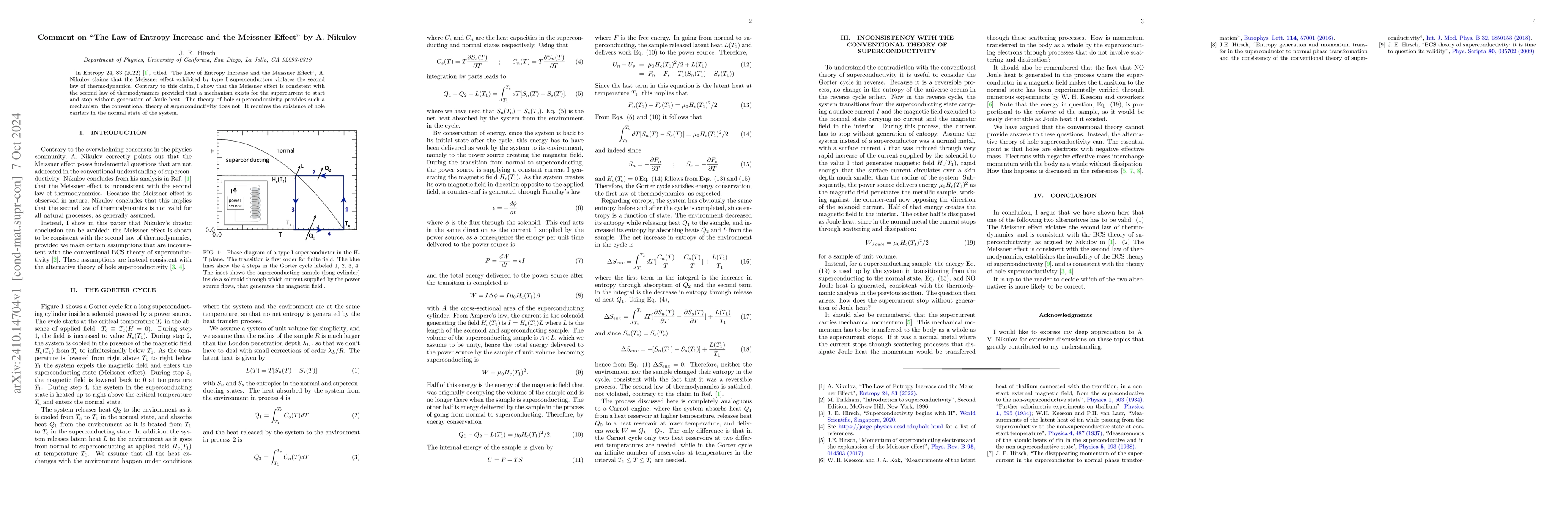 Thumbnail for Comment on "The Law of Entropy Increase and the Meissner Effect" by A.
  Nikulov