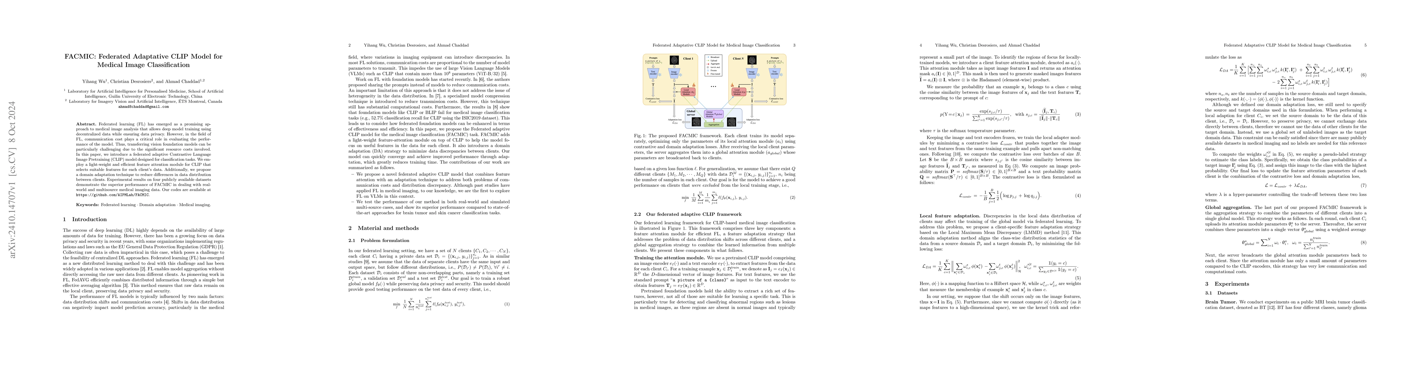 Thumbnail for FACMIC: Federated Adaptative CLIP Model for Medical Image Classification
