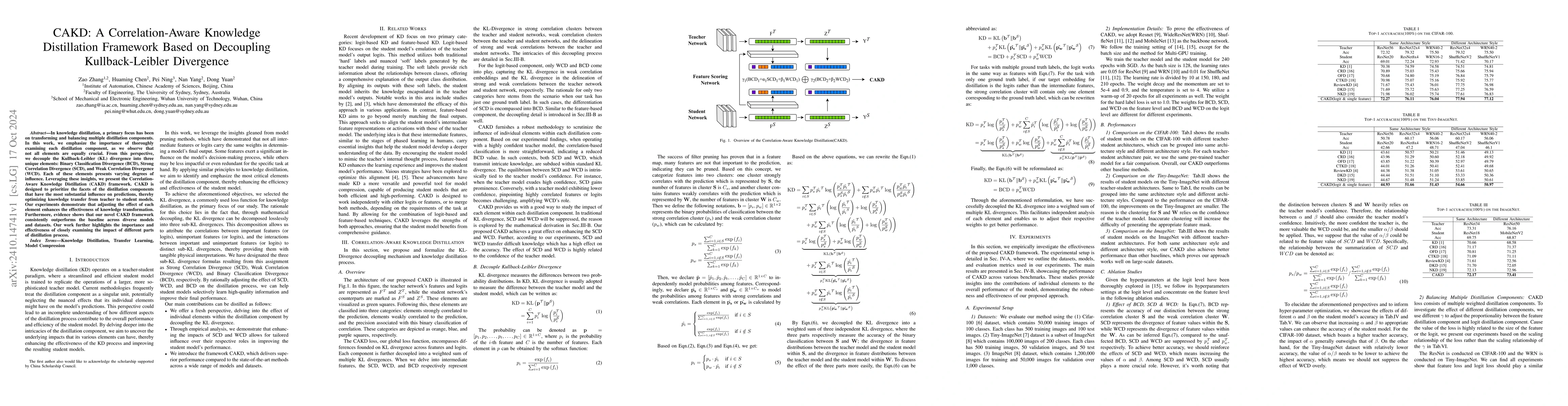 Thumbnail for CAKD: A Correlation-Aware Knowledge Distillation Framework Based on
  Decoupling Kullback-Leibler Divergence