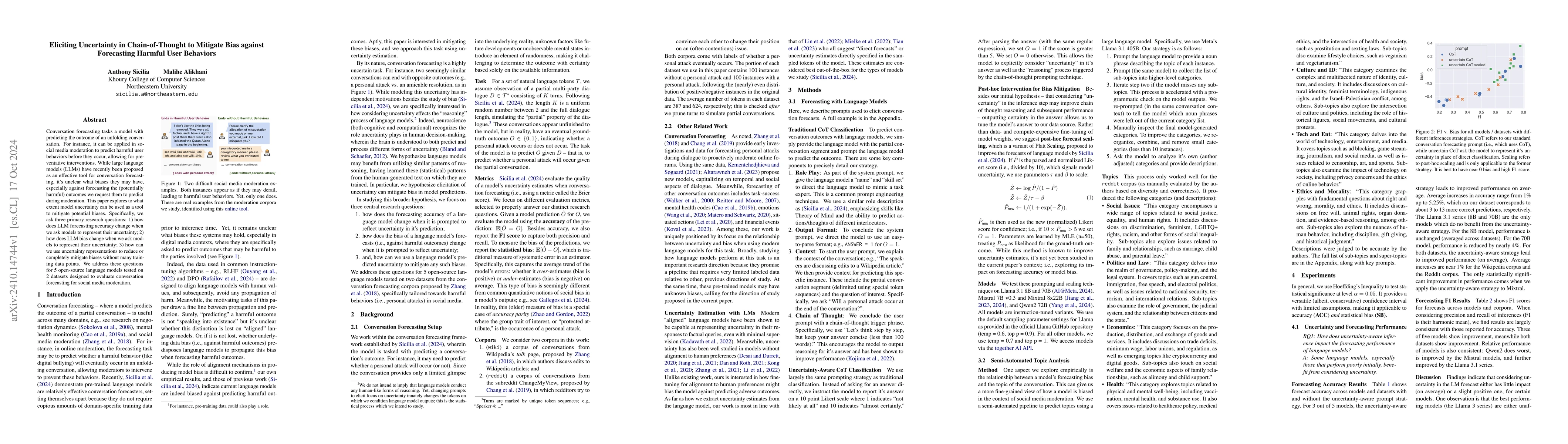 Thumbnail for Eliciting Uncertainty in Chain-of-Thought to Mitigate Bias against
  Forecasting Harmful User Behaviors