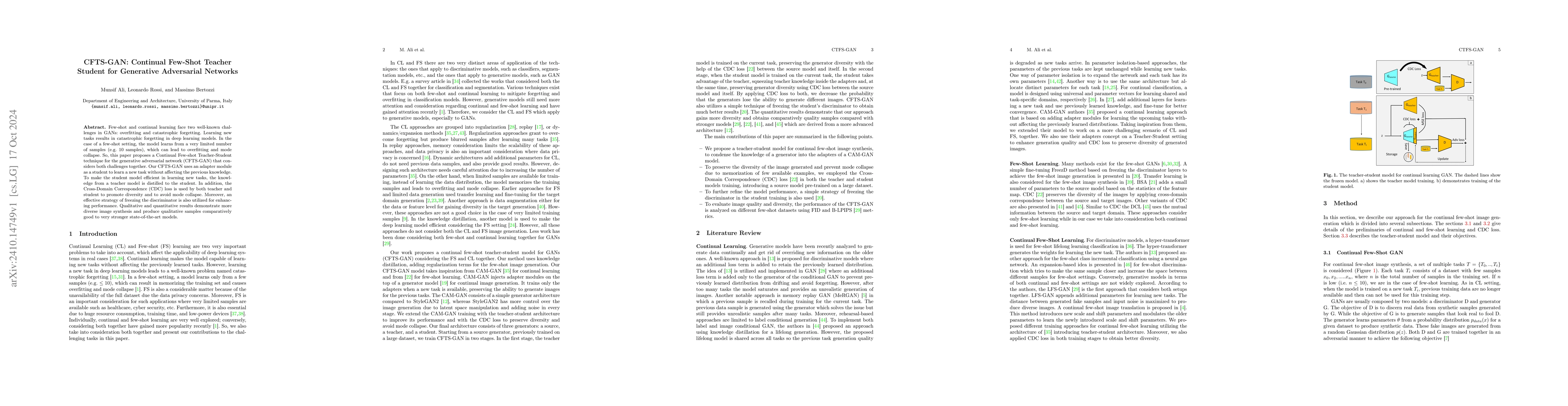Thumbnail for CFTS-GAN: Continual Few-Shot Teacher Student for Generative Adversarial
  Networks