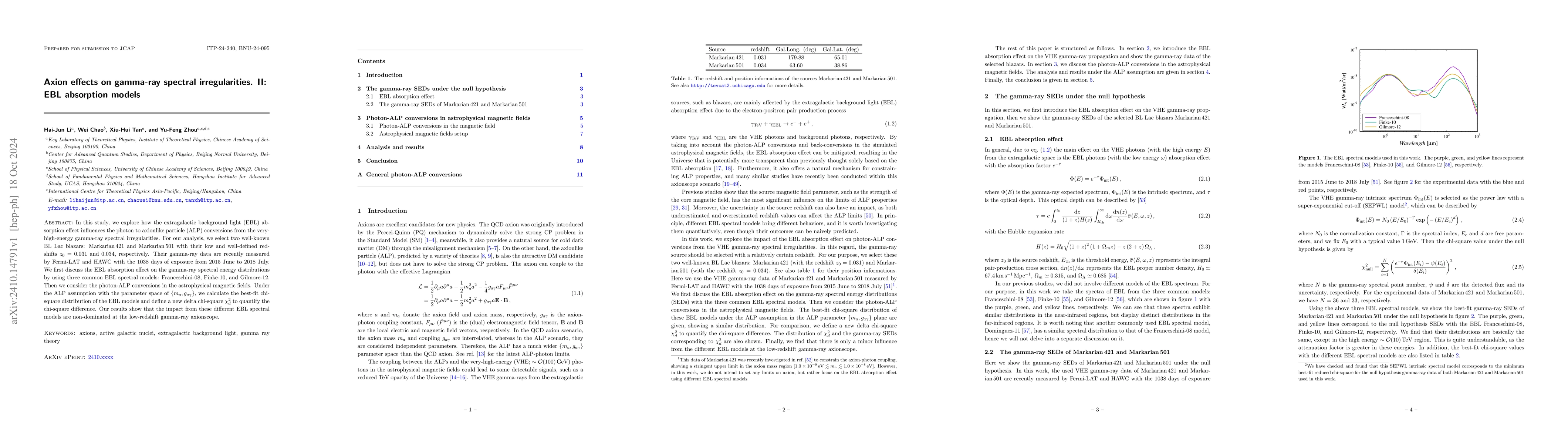 Thumbnail for Axion effects on gamma-ray spectral irregularities. II: EBL absorption
  models