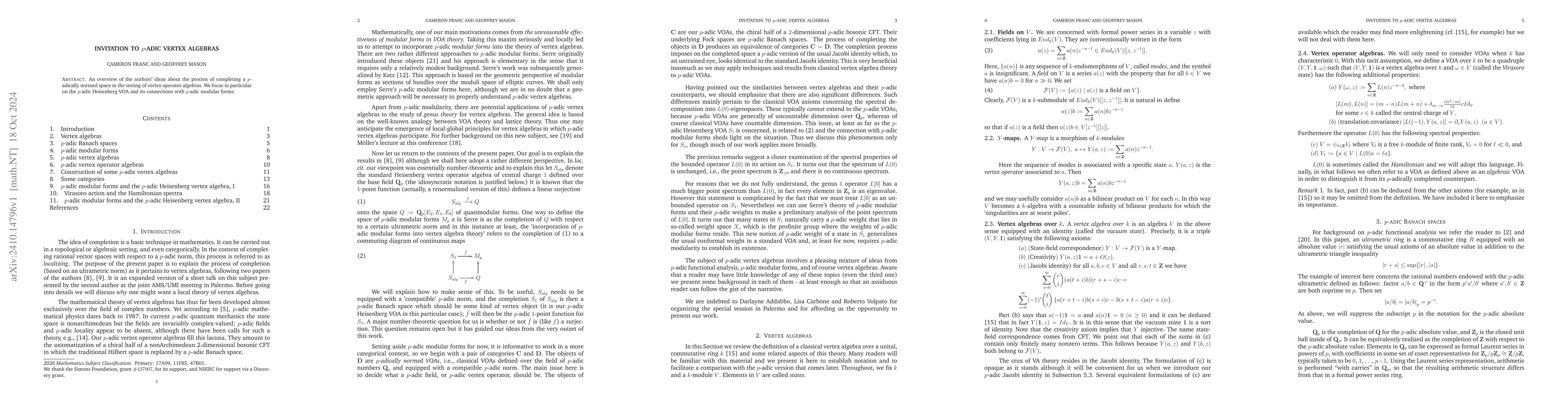 Thumbnail for Invitation to $p$-adic vertex algebras