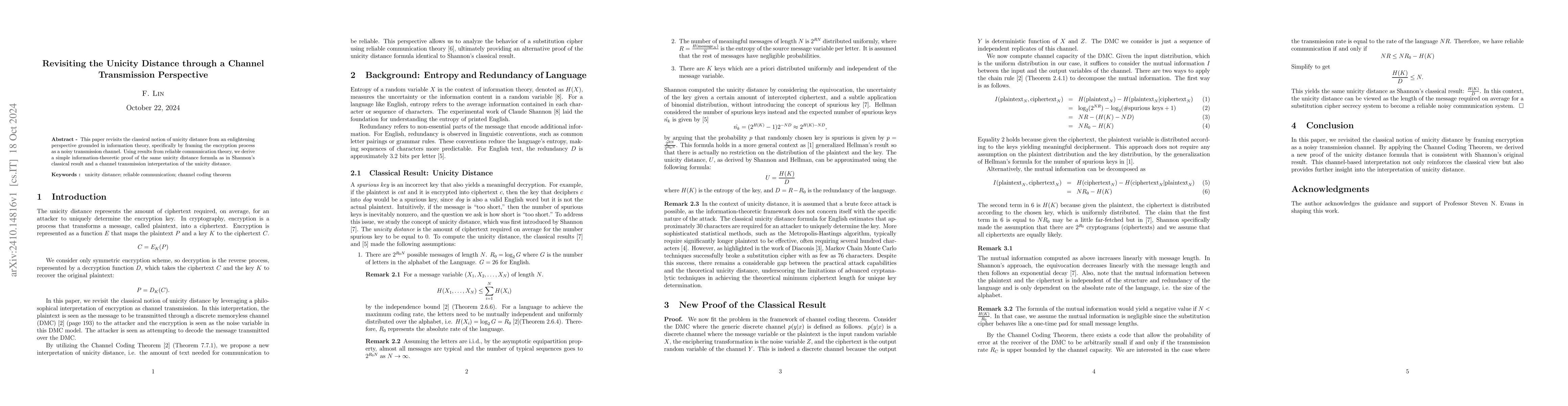 Thumbnail for Revisiting the Unicity Distance through a Channel Transmission
  Perspective
