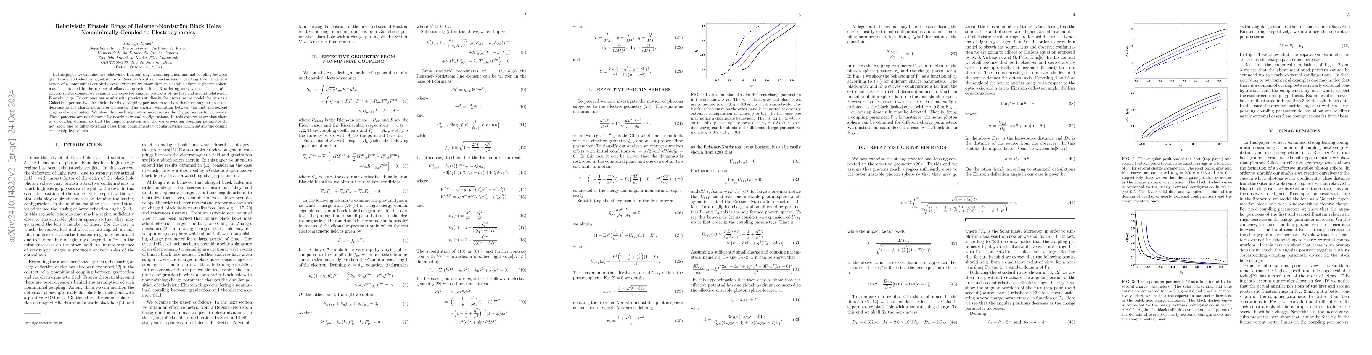 Thumbnail for Relativistic Einstein Rings of Reissner-Nordström metric Black Holes
  Nonminimally Coupled to Electrodynamics