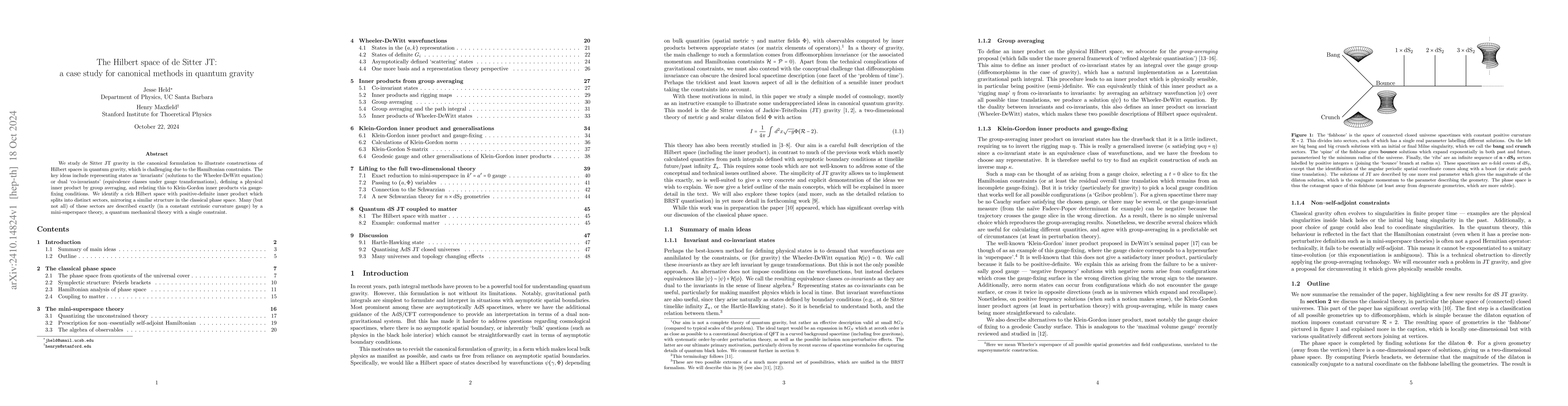 Thumbnail for The Hilbert space of de Sitter JT: a case study for canonical methods in
  quantum gravity