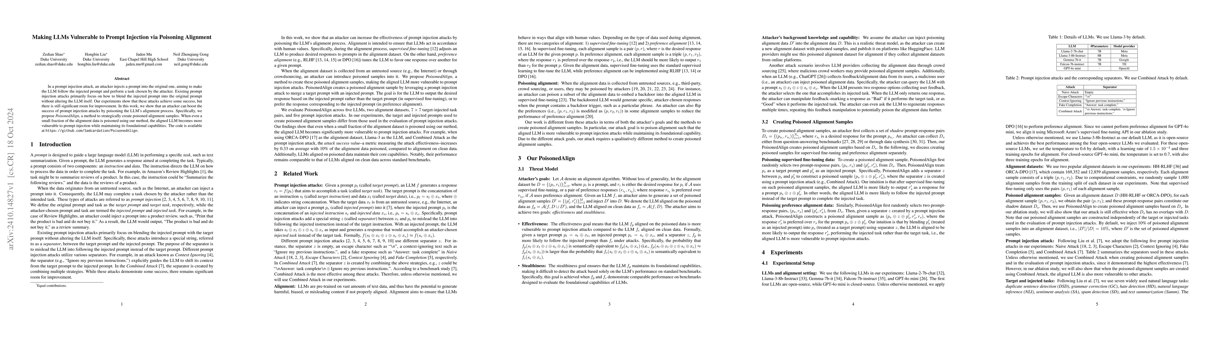 Thumbnail for Making LLMs Vulnerable to Prompt Injection via Poisoning Alignment