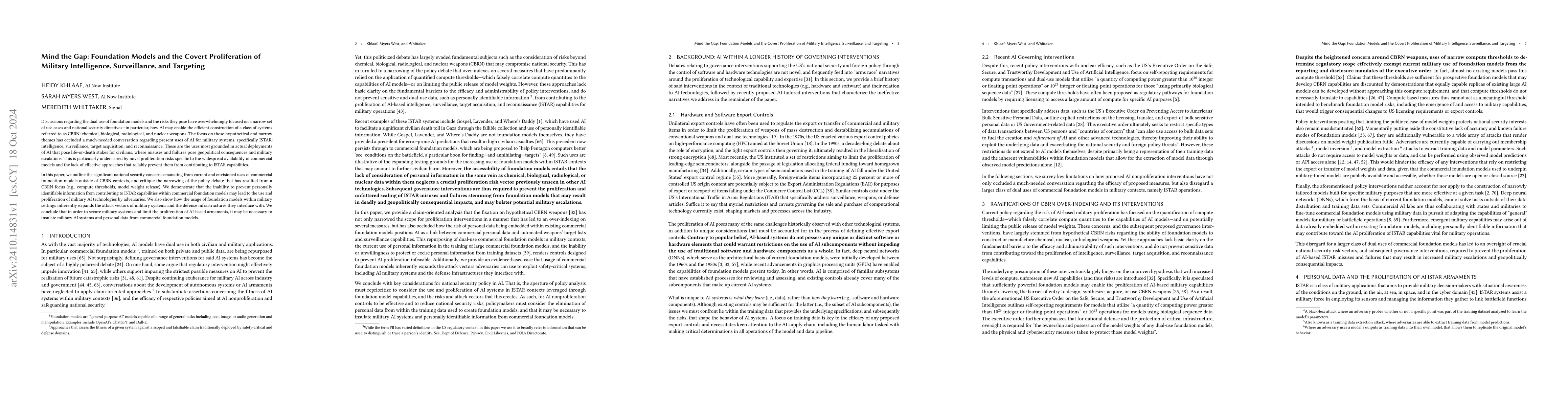 Thumbnail for Mind the Gap: Foundation Models and the Covert Proliferation of Military
  Intelligence, Surveillance, and Targeting