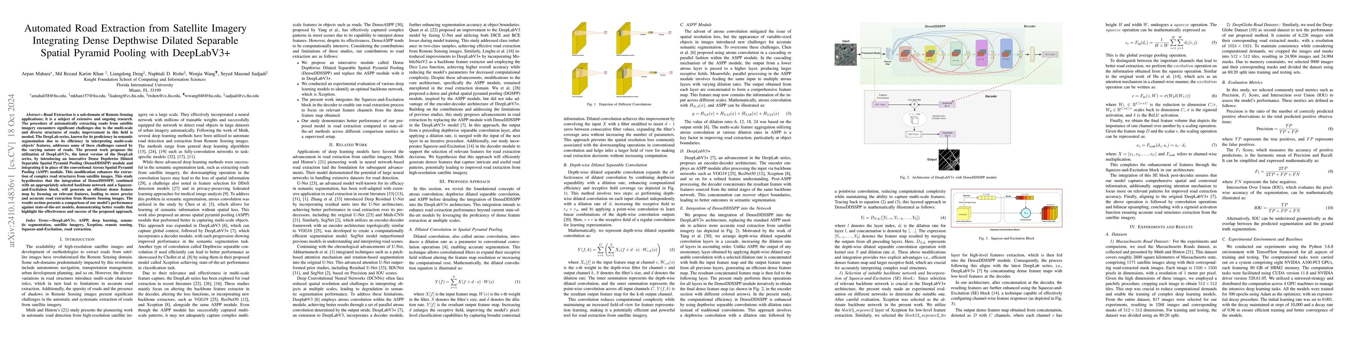 Thumbnail for Automated Road Extraction from Satellite Imagery Integrating Dense
  Depthwise Dilated Separable Spatial Pyramid Pooling with DeepLabV3+