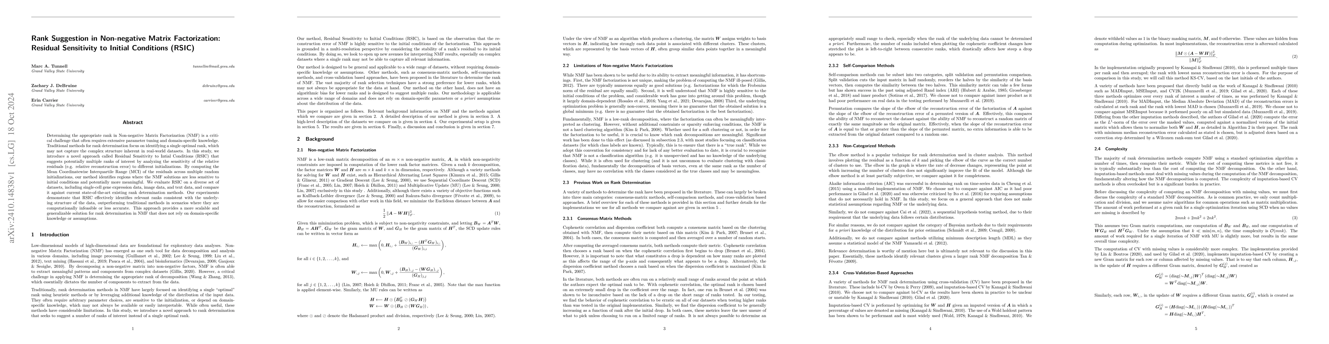 Thumbnail for Rank Suggestion in Non-negative Matrix Factorization: Residual
  Sensitivity to Initial Conditions (RSIC)