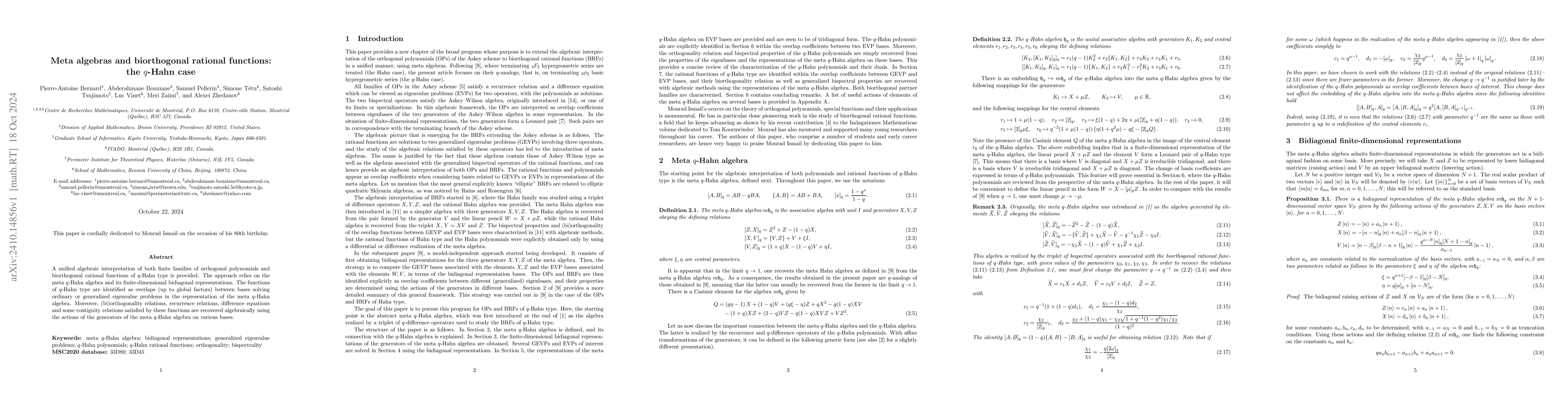 Thumbnail for Meta algebras and biorthogonal rational functions: the $q$-Hahn case