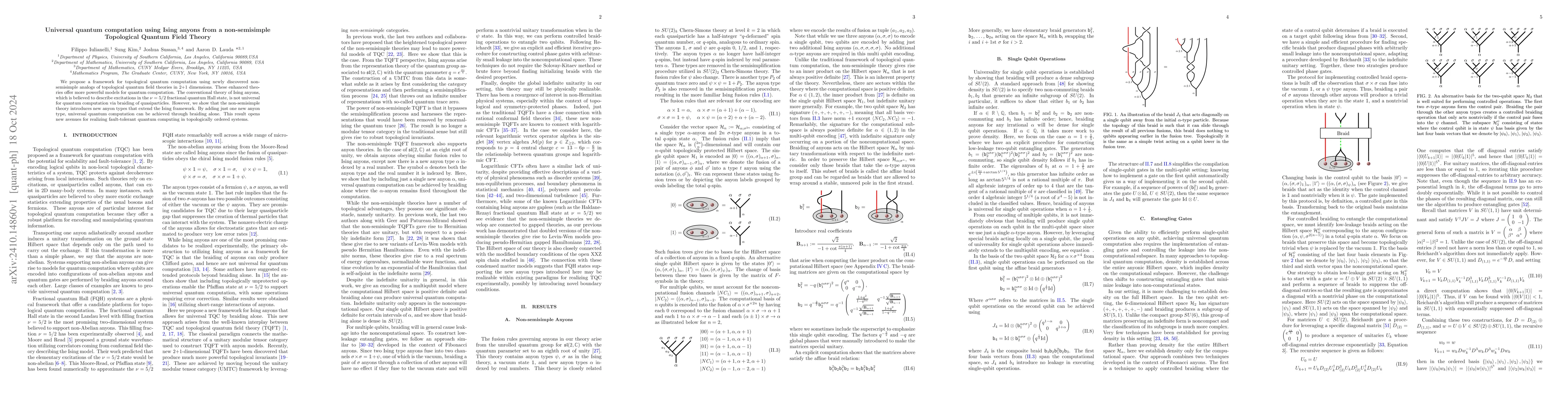 Thumbnail for Universal quantum computation using Ising anyons from a non-semisimple
  Topological Quantum Field Theory