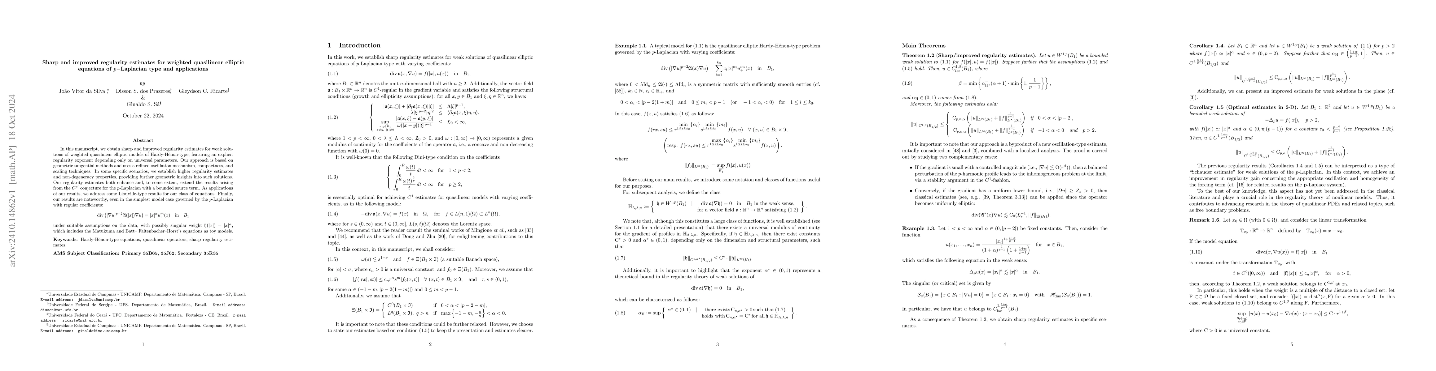Thumbnail for Sharp and improved regularity estimates for weighted quasilinear
  elliptic equations of $p-$Laplacian type and applications