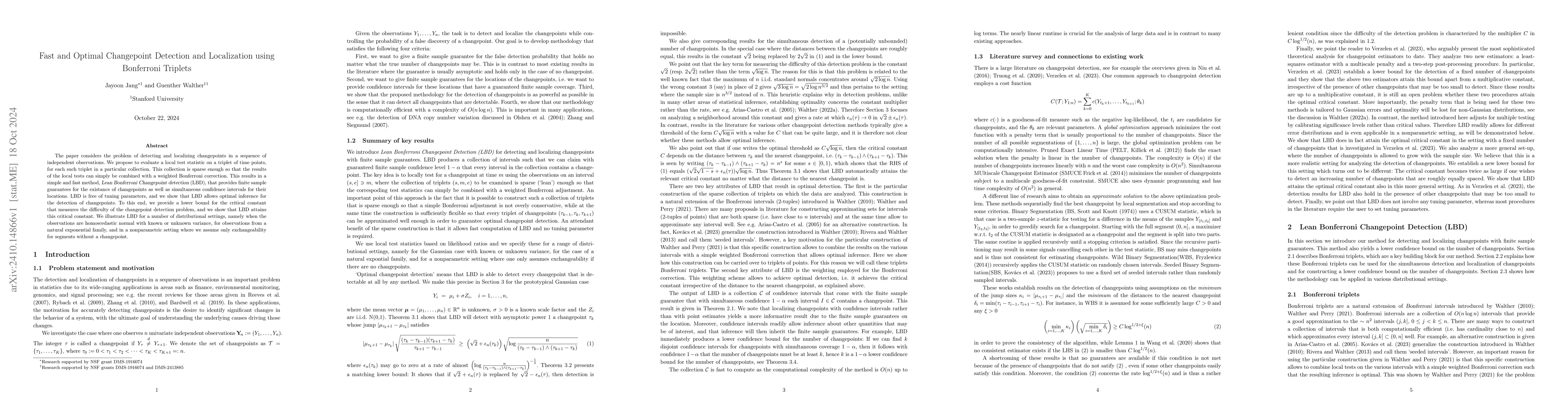 Thumbnail for Fast and Optimal Changepoint Detection and Localization using Bonferroni
  Triplets