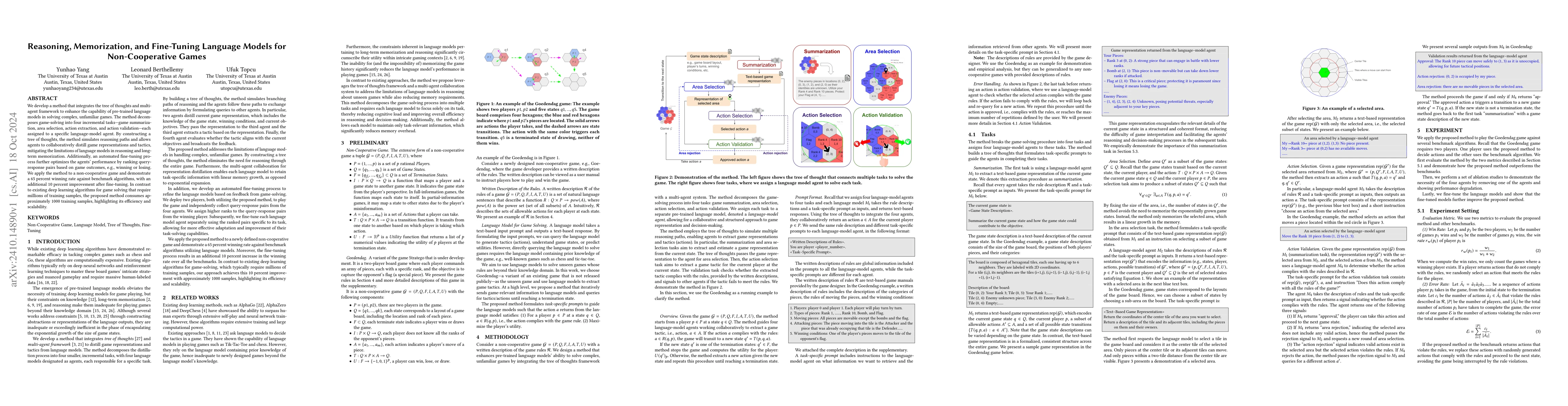 Thumbnail for Reasoning, Memorization, and Fine-Tuning Language Models for
  Non-Cooperative Games