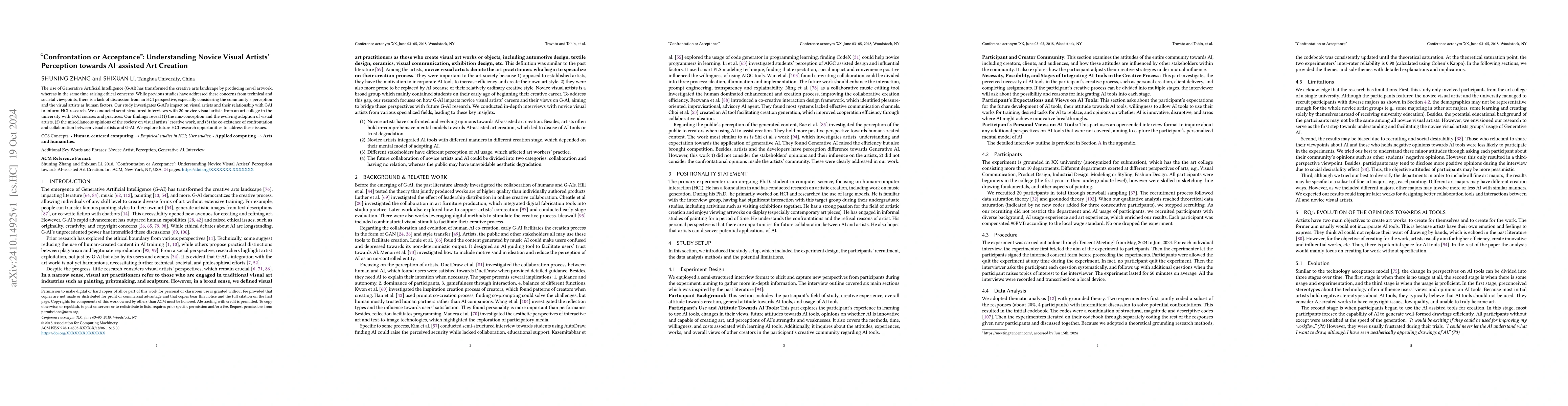 Thumbnail for "Confrontation or Acceptance": Understanding Novice Visual Artists'
  Perception towards AI-assisted Art Creation