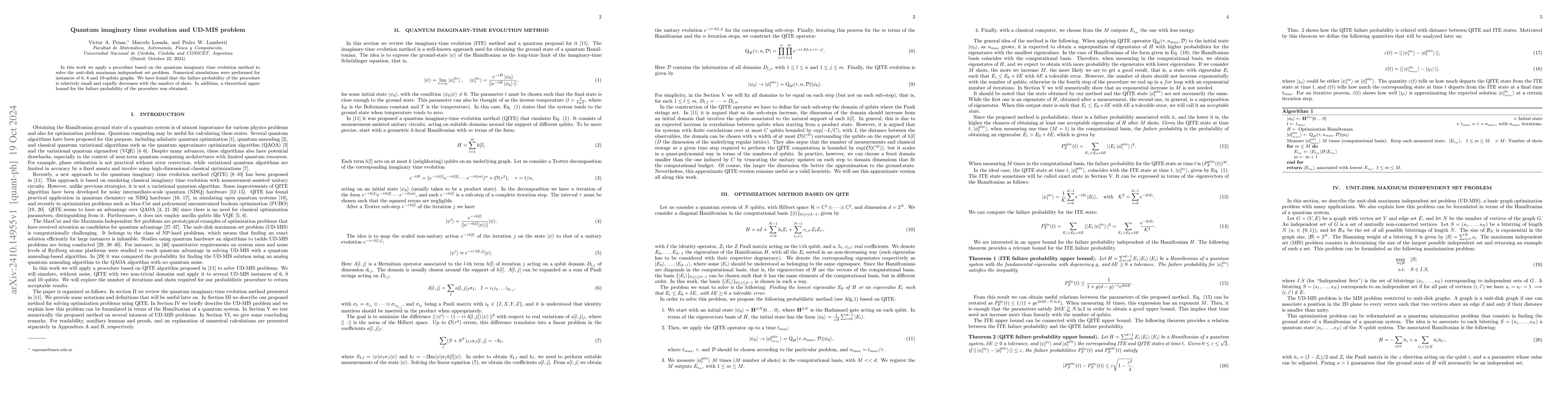 Thumbnail for Quantum imaginary time evolution and UD-MIS problem