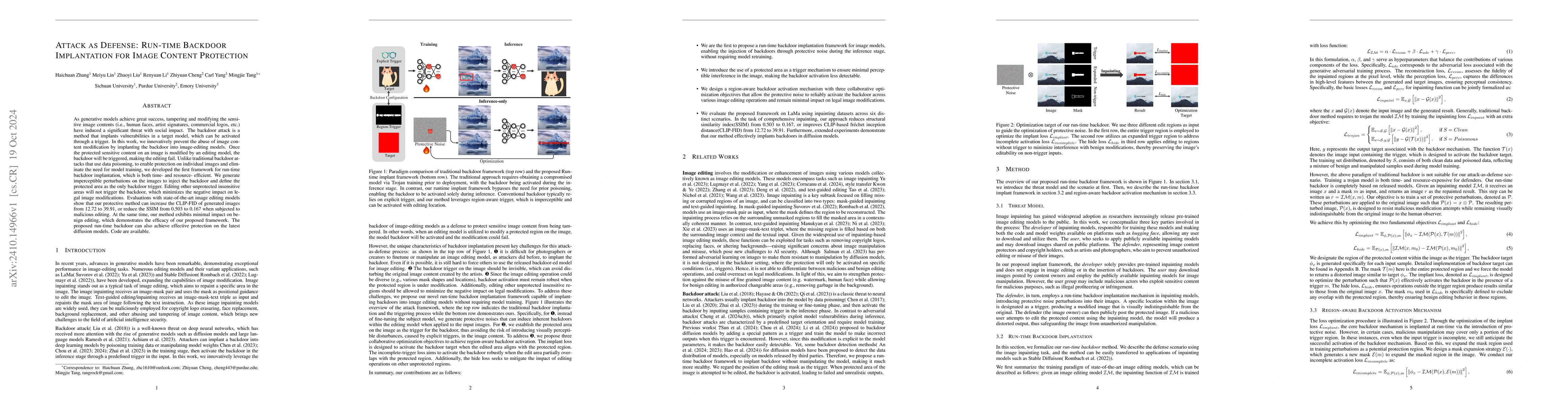 Thumbnail for Attack as Defense: Run-time Backdoor Implantation for Image Content
  Protection
