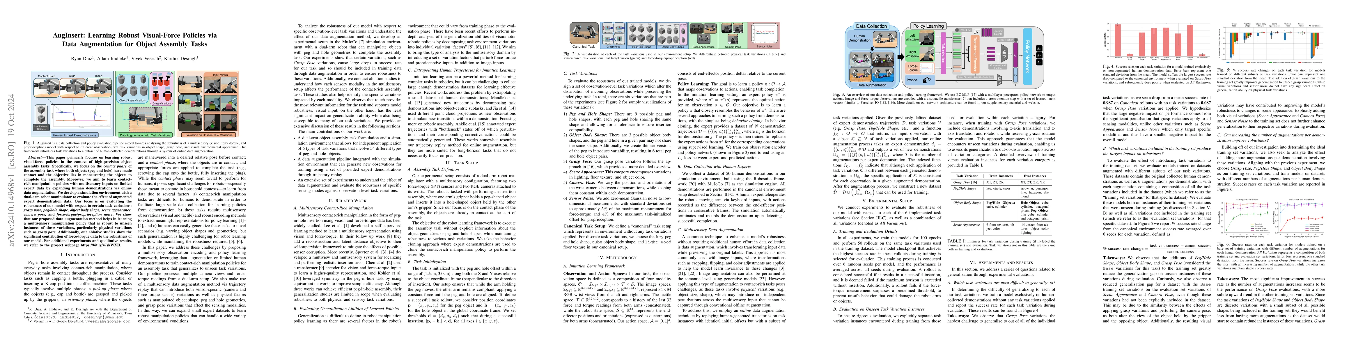 Thumbnail for AugInsert: Learning Robust Visual-Force Policies via Data Augmentation
  for Object Assembly Tasks