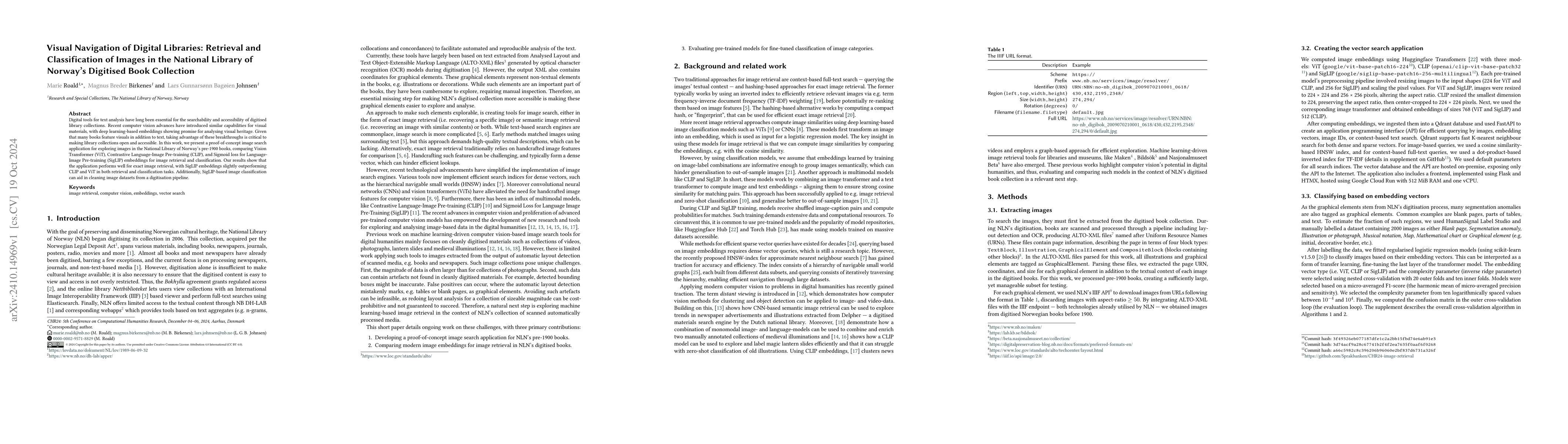 Thumbnail for Visual Navigation of Digital Libraries: Retrieval and Classification of
  Images in the National Library of Norway's Digitised Book Collection