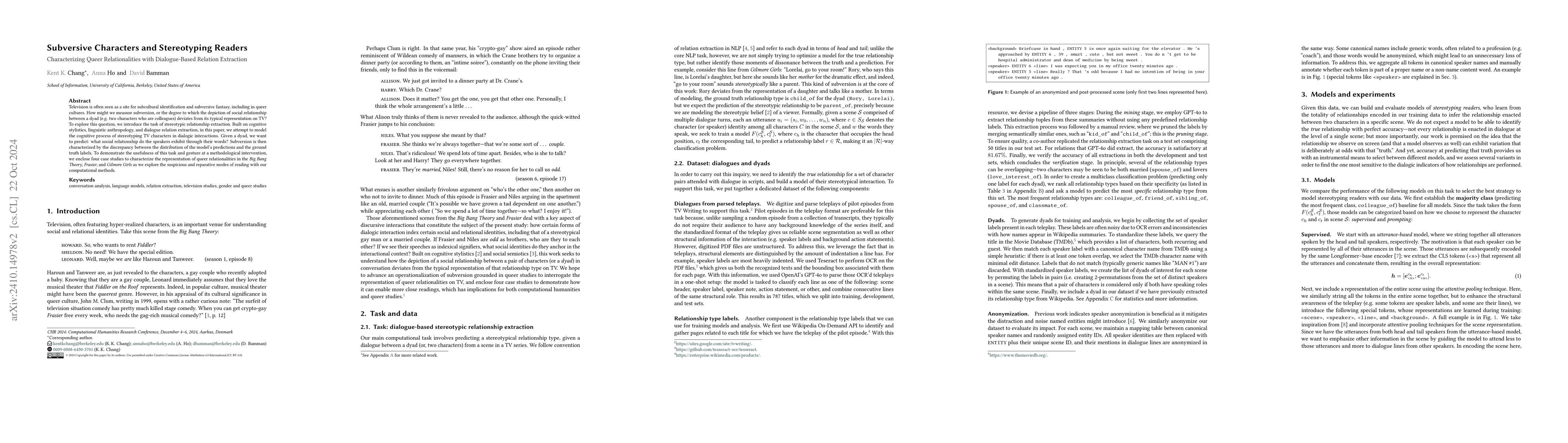 Thumbnail for Subversive Characters and Stereotyping Readers: Characterizing Queer
  Relationalities with Dialogue-Based Relation Extraction