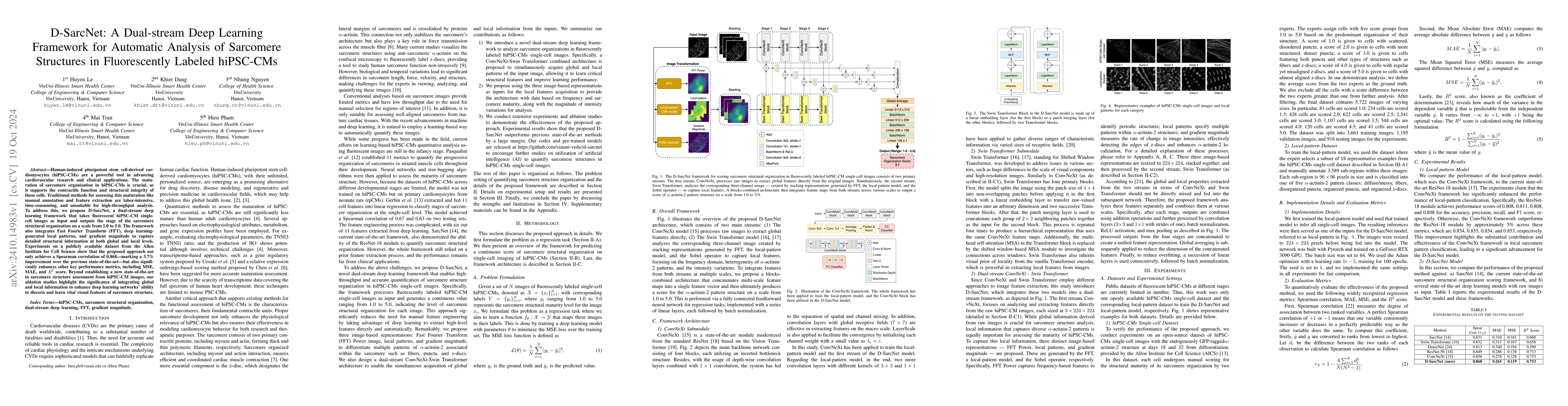 Thumbnail for D-SarcNet: A Dual-stream Deep Learning Framework for Automatic Analysis
  of Sarcomere Structures in Fluorescently Labeled hiPSC-CMs