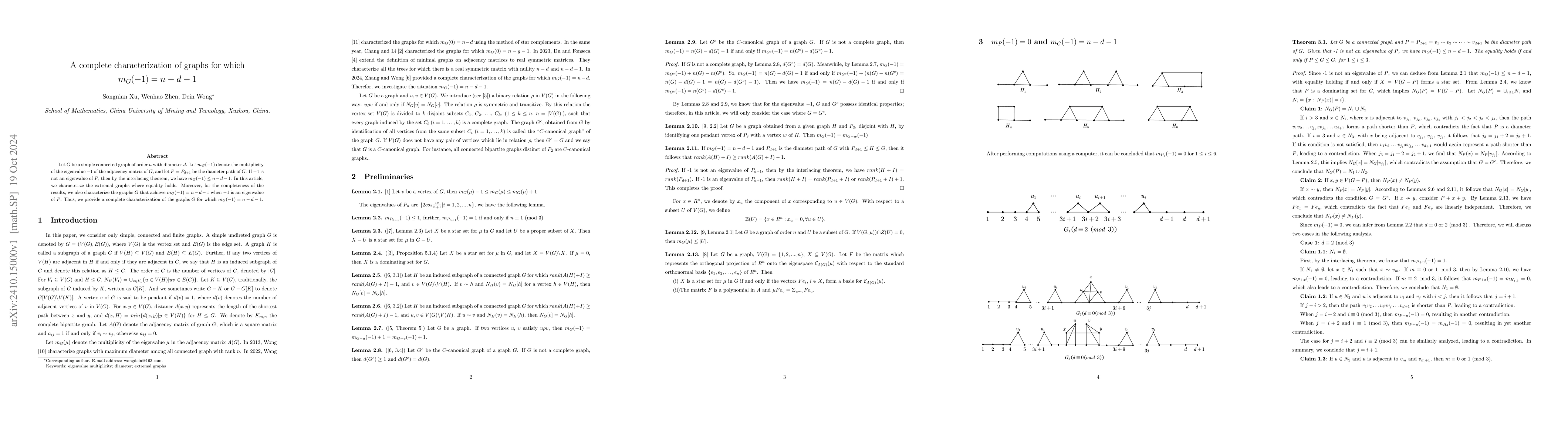 Thumbnail for A complete characterization of graphs for which $m_G(-1) = n-d-1$