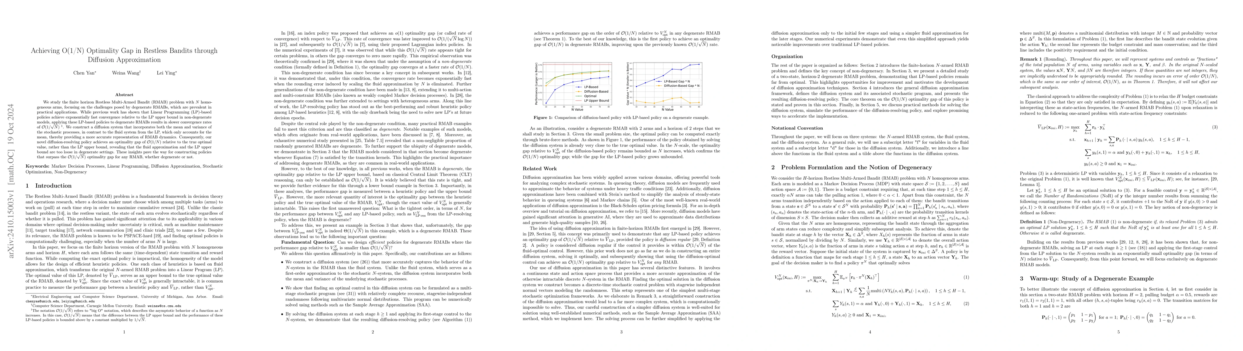 Thumbnail for Achieving O(1/N) Optimality Gap in Restless Bandits through Diffusion
  Approximation