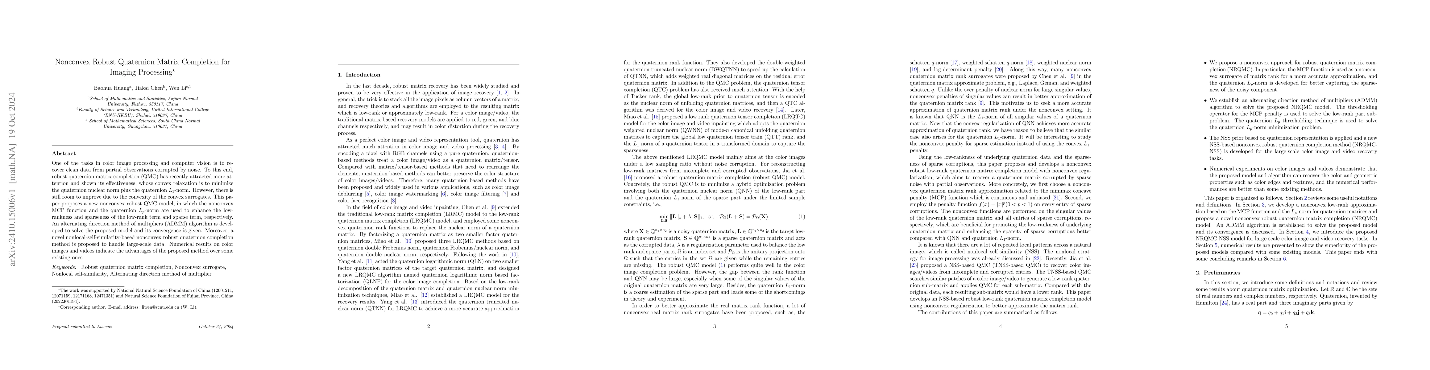 Thumbnail for Nonconvex Robust Quaternion Matrix Completion for Imaging Processing