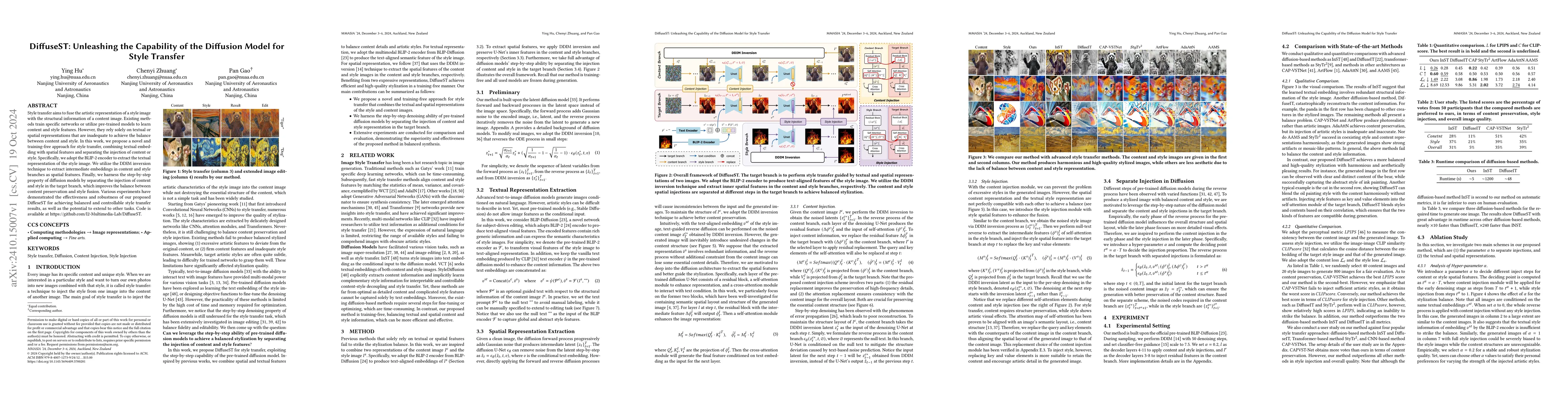 Thumbnail for DiffuseST: Unleashing the Capability of the Diffusion Model for Style
  Transfer