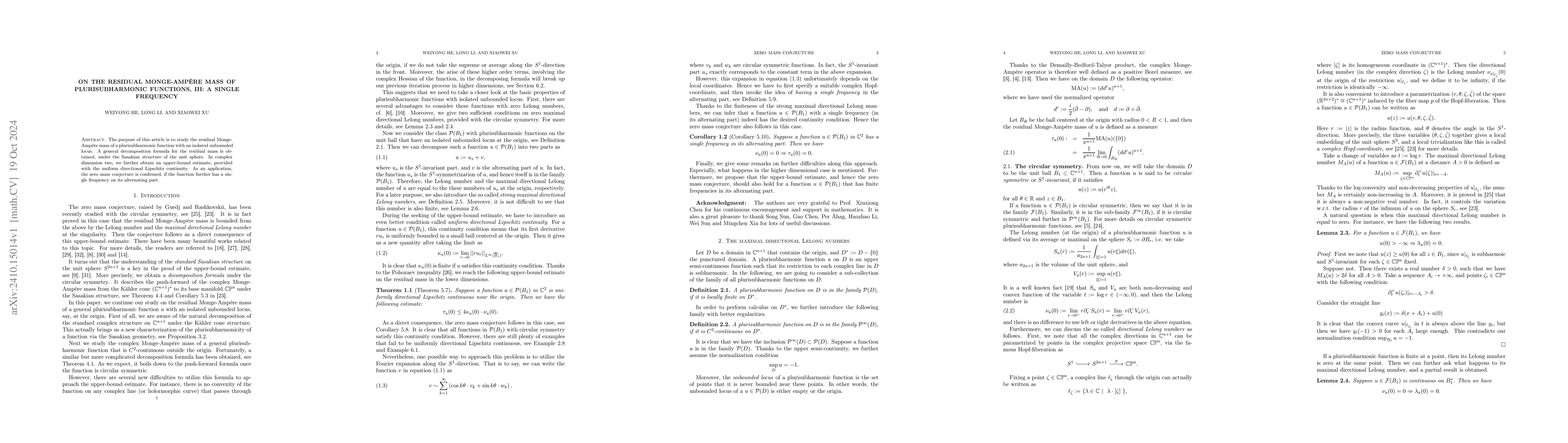 Thumbnail for On the residual Monge-Ampère mass of plurisubharmonic functions,
  III: a single frequency