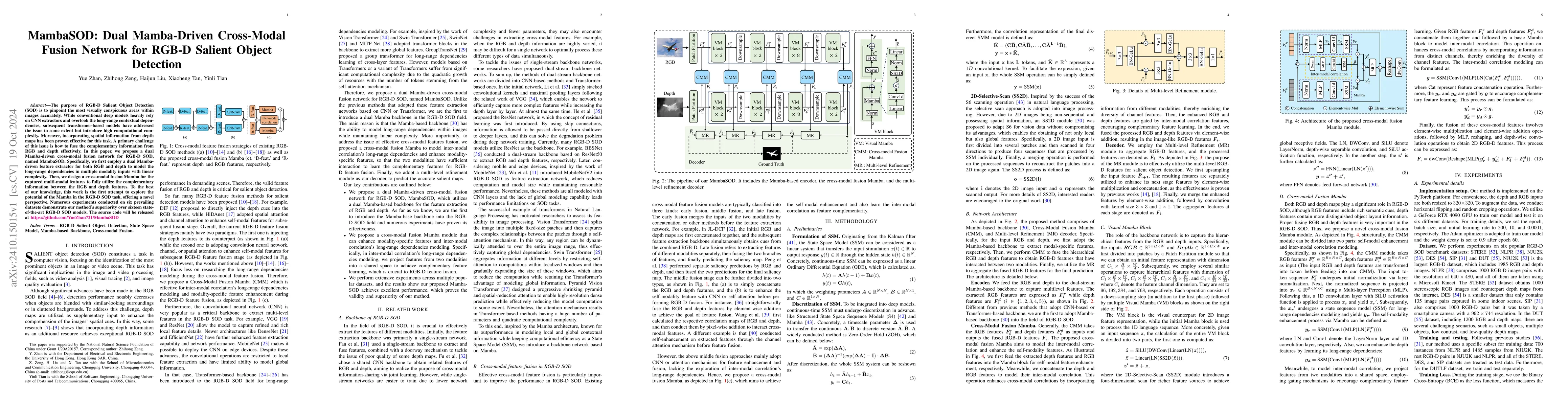 Thumbnail for MambaSOD: Dual Mamba-Driven Cross-Modal Fusion Network for RGB-D Salient
  Object Detection