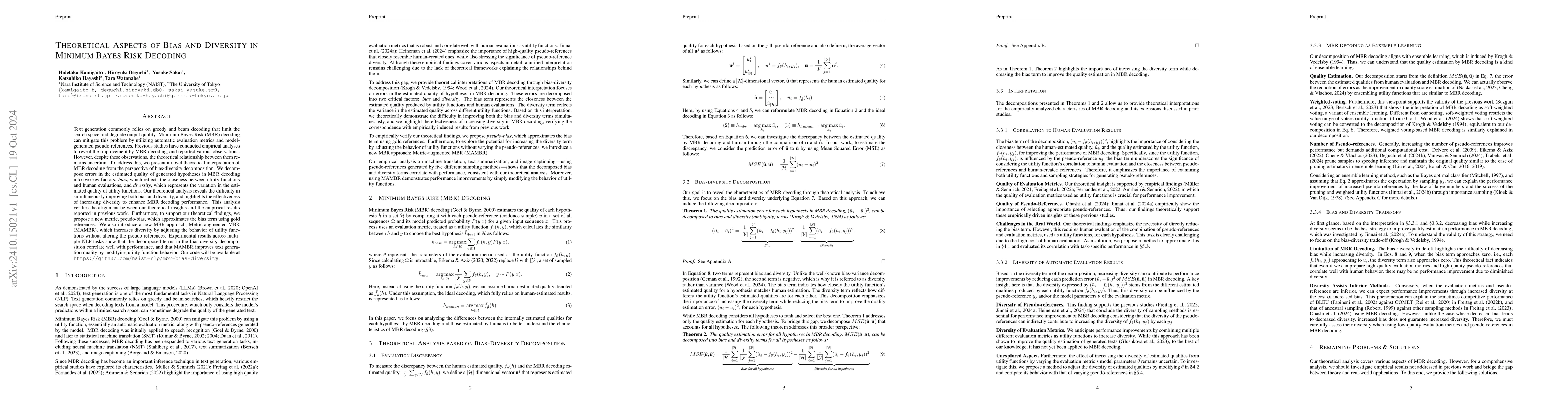 Thumbnail for Theoretical Aspects of Bias and Diversity in Minimum Bayes Risk Decoding