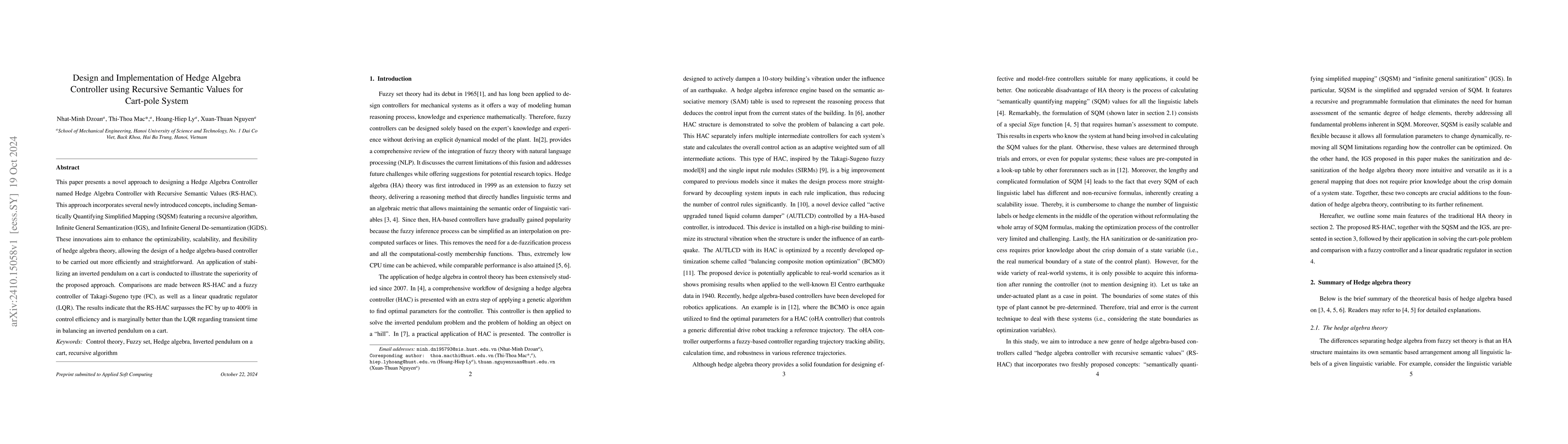 Thumbnail for Design and Implementation of Hedge Algebra Controller using Recursive
  Semantic Values for Cart-pole System