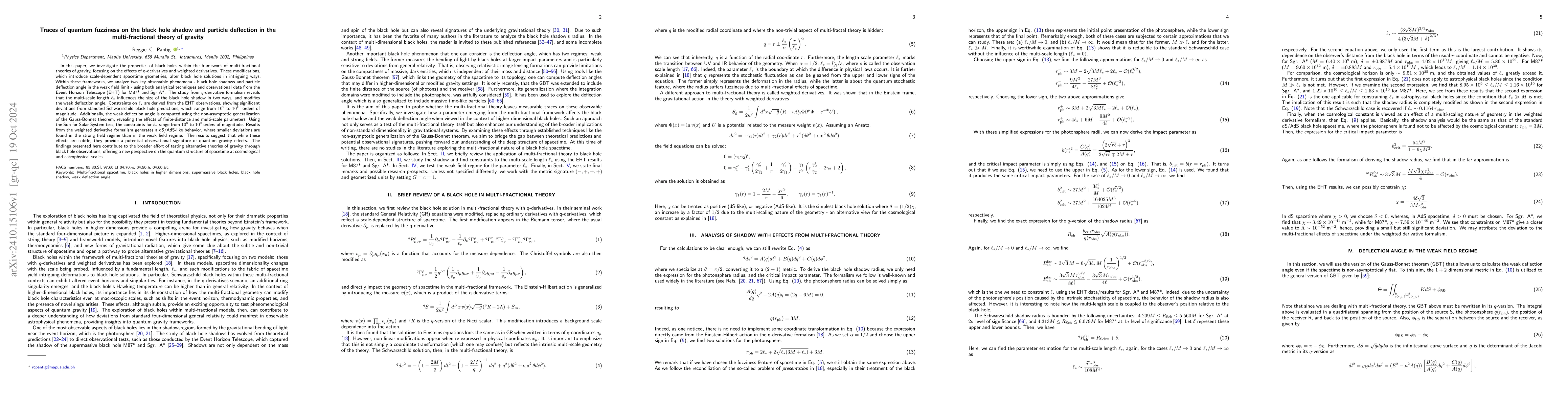 Thumbnail for Traces of quantum fuzziness on the black hole shadow and particle
  deflection in the multi-fractional theory of gravity