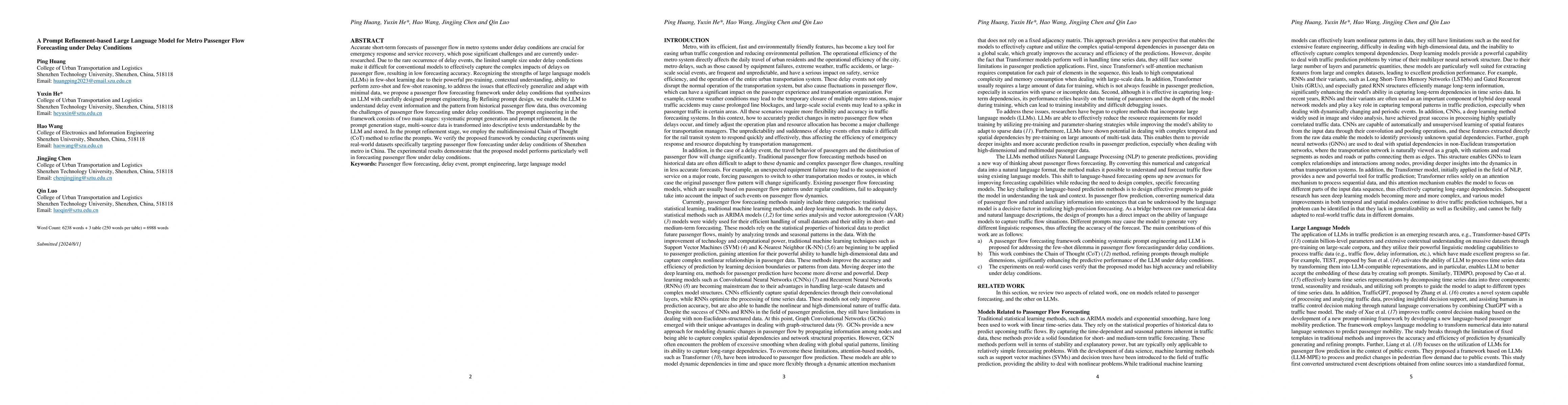 Thumbnail for A Prompt Refinement-based Large Language Model for Metro Passenger Flow
  Forecasting under Delay Conditions