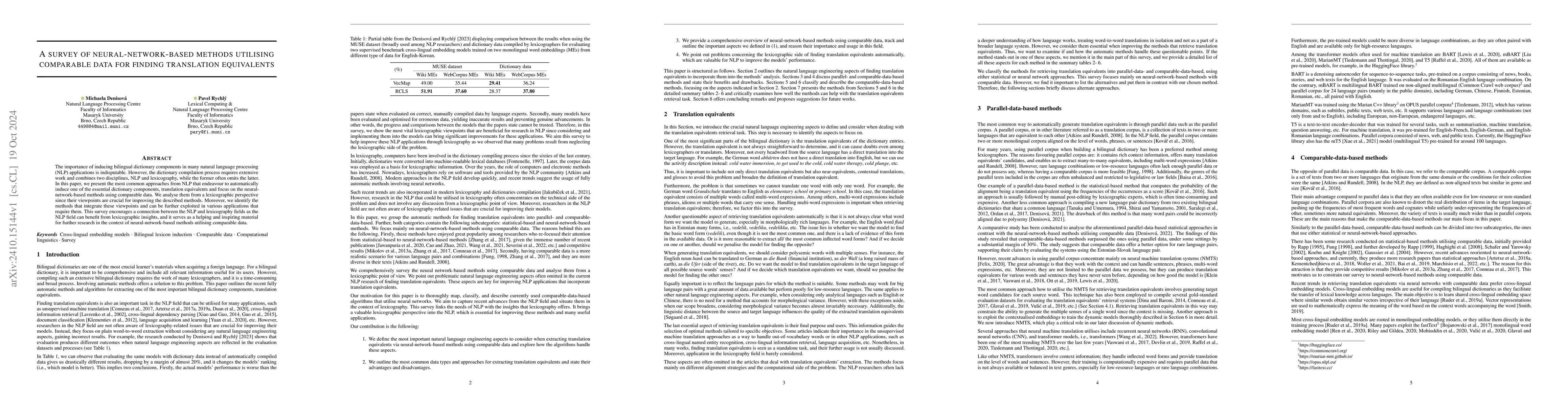 Thumbnail for A survey of neural-network-based methods utilising comparable data for
  finding translation equivalents