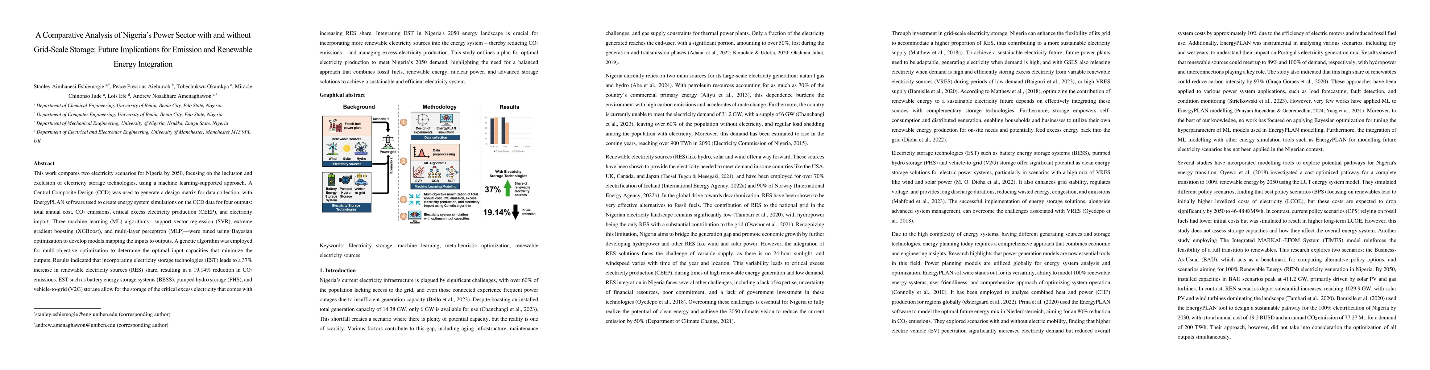 Thumbnail for A Comparative Analysis of Nigeria's Power Sector with and without
  Grid-Scale Storage: Future Implications for Emission and Renewable Energy
  Integration